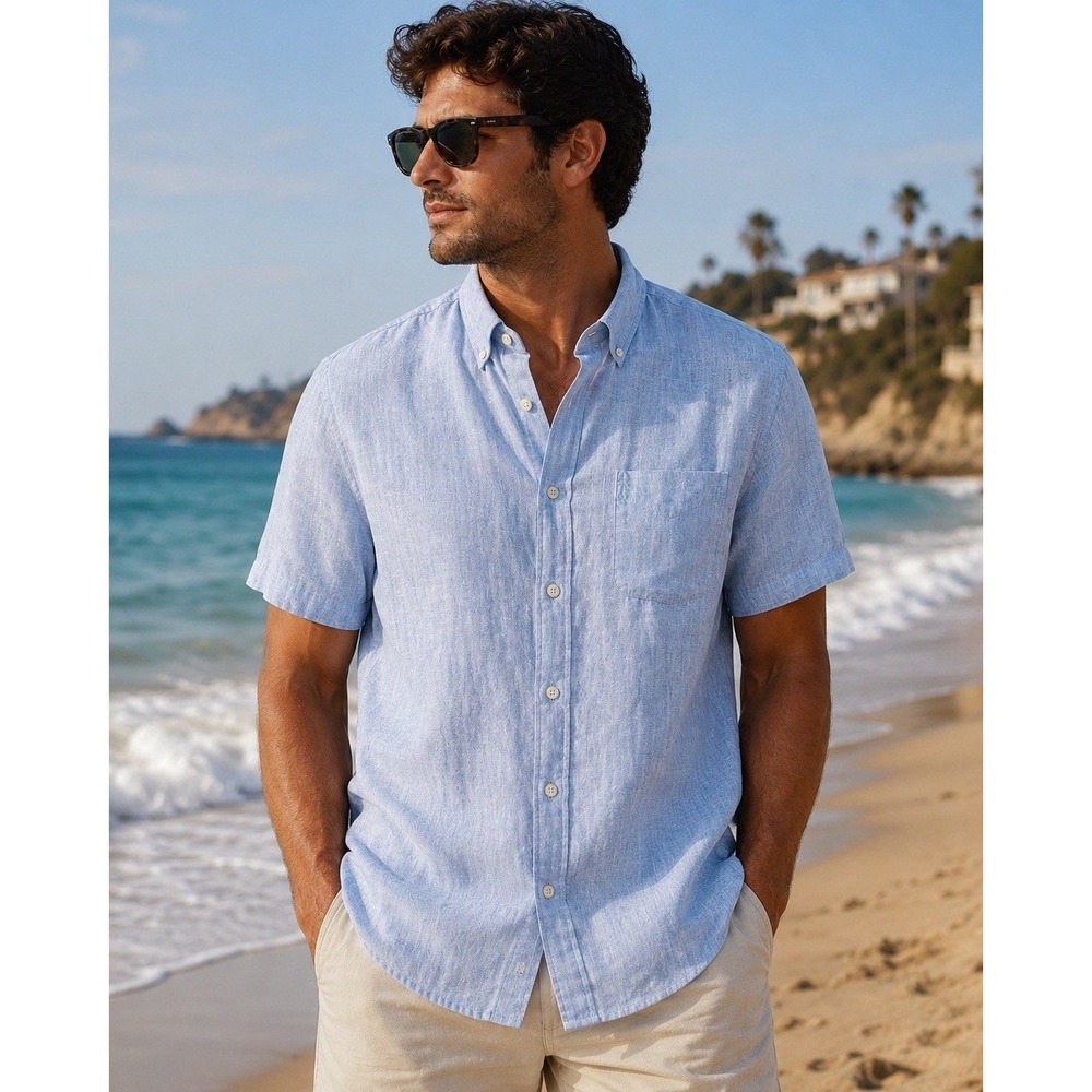 Brooks Brothers Regent Men's L Blue 100% Irish Linen Short Sleeve Shirt
